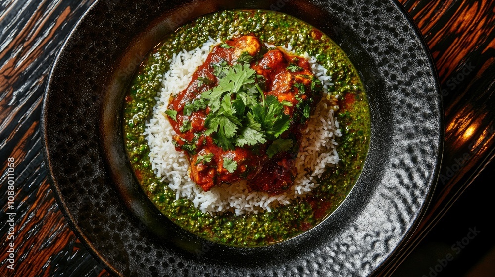 Delicious plate of spicy chicken curry served over fragrant rice, garnished with fresh herbs, showcasing vibrant colors and rich textures in an elegant dining setting Delicious plate of spicy chicken curry served over fragrant rice, garnished with fresh herbs, showcasing vibrant colors and rich textures in an elegant dining setting