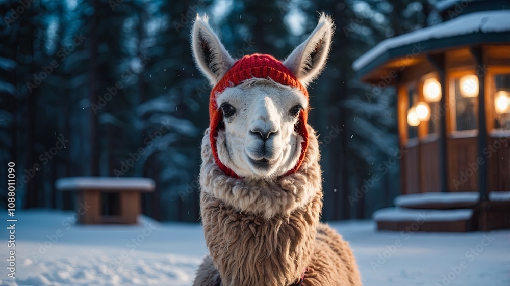 Naklejka premium A charming llama dons a warm winter hat while exploring a beautiful snowy landscape