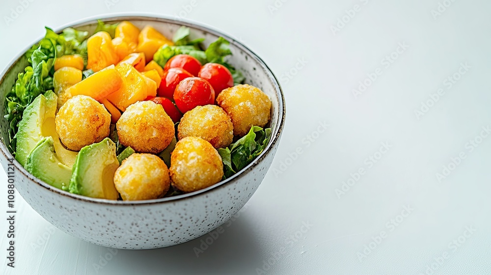 Vibrant and Fresh Bowl of Salad with Colorful Ingredients Including Avocado, Cherry Tomatoes, Sweet Corn, and Crispy Balls, Perfect for Healthy Meals Vibrant and Fresh Bowl of Salad with Colorful Ingredients Including Avocado, Cherry Tomatoes, Sweet Corn, and Crispy Balls, Perfect for Healthy Meals