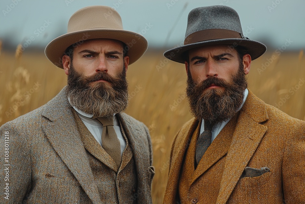 Elegant retro-styled men with beards, posing in the middle of a tranquil field, showcasing timeless fashion Elegant retro-styled men with beards, posing in the middle of a tranquil field, showcasing timeless fashion