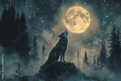 A lone wolf howls at the full moon in a misty forest.