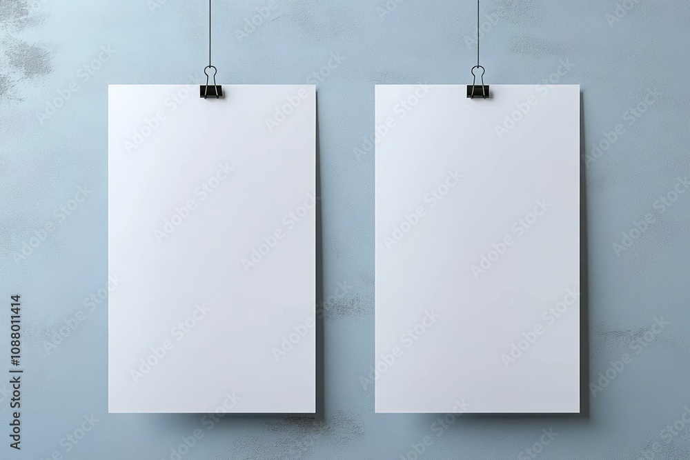 Blank White Papers Hanging on a Wire Clip in Light Gray Background Blank White Papers Hanging on a Wire Clip in Light Gray Background