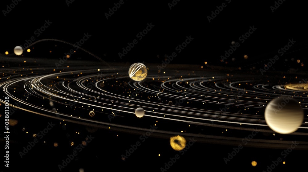 Obraz premium Captivating Cosmic Scene Featuring Celestial Bodies, Orbiting Planets, Glimmering Stars, and a Dark Universe Setting with Swirling Galactic Lines