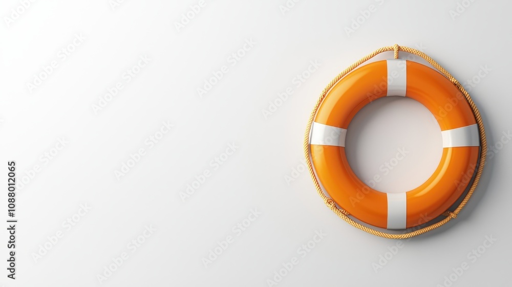 Life saving Safety Concept. A bright orange life preserver is displayed against a minimalist white background, symbolizing safety and rescue on water. Life saving Safety Concept. A bright orange life preserver is displayed against a minimalist white background, symbolizing safety and rescue on water.