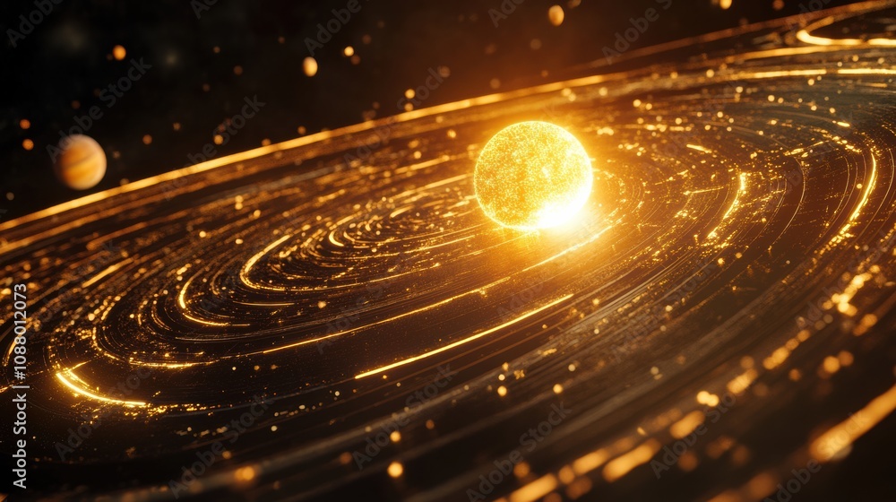 Stunning representation of a glowing star surrounded by swirling cosmic dust and distant planets in an epic depiction of the universe's vastness and beauty Stunning representation of a glowing star surrounded by swirling cosmic dust and distant planets in an epic depiction of the universe's vastness and beauty