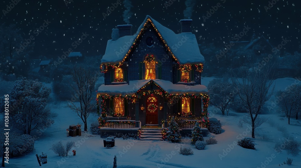 Obraz premium Cozy House Adorned with Christmas Lights in Snowy Evening