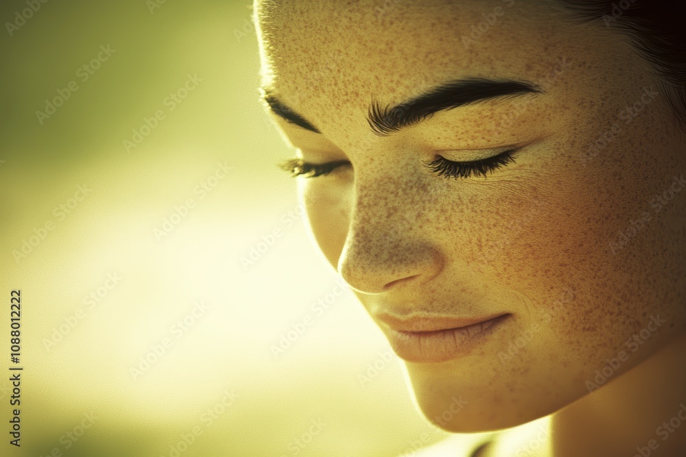 Close-Up Photo of a Serene Young Woman with Freckles and Closed Eyes, Embracing Calmness Under Soft Natural Light for an Atmospheric Feel Close-Up Photo of a Serene Young Woman with Freckles and Closed Eyes, Embracing Calmness Under Soft Natural Light for an Atmospheric Feel