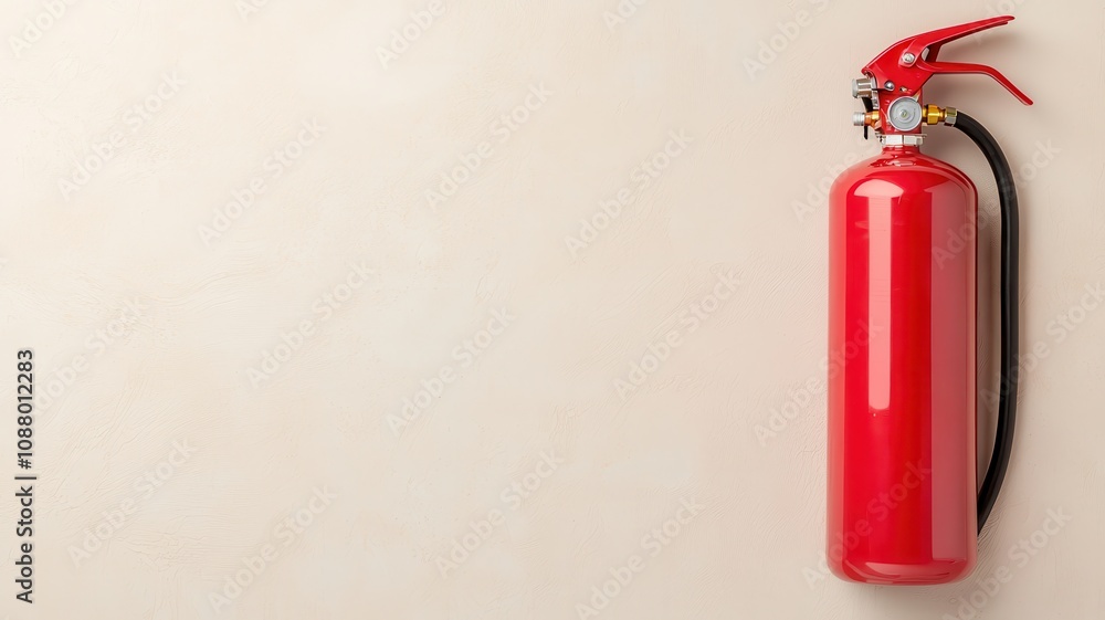 Life saving Safety Concept. A bright red fire extinguisher mounted on a light wall, symbolizing safety and preparedness in case of fire emergencies. Life saving Safety Concept. A bright red fire extinguisher mounted on a light wall, symbolizing safety and preparedness in case of fire emergencies.