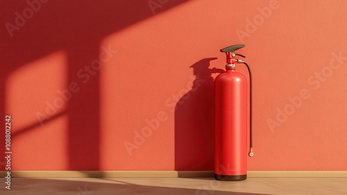 Wallpaper Mural Life saving Safety Concept. A red fire extinguisher stands against a vibrant orange wall, casting a shadow that highlights its sleek design and purpose. Torontodigital.ca