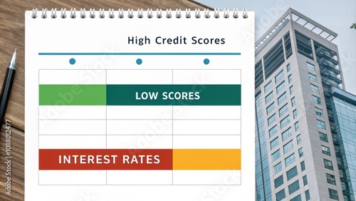 Loan Comparison A sidebyside comparison chart showing lower interest rates for individuals with high credit scores versus higher rates for low scores. photo