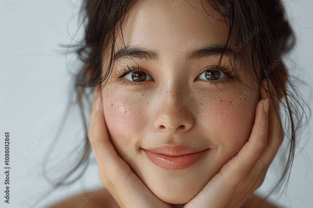 Beautiful Japanese Woman Smiling with Clean Skin Against White Background Beautiful Japanese Woman Smiling with Clean Skin Against White Background