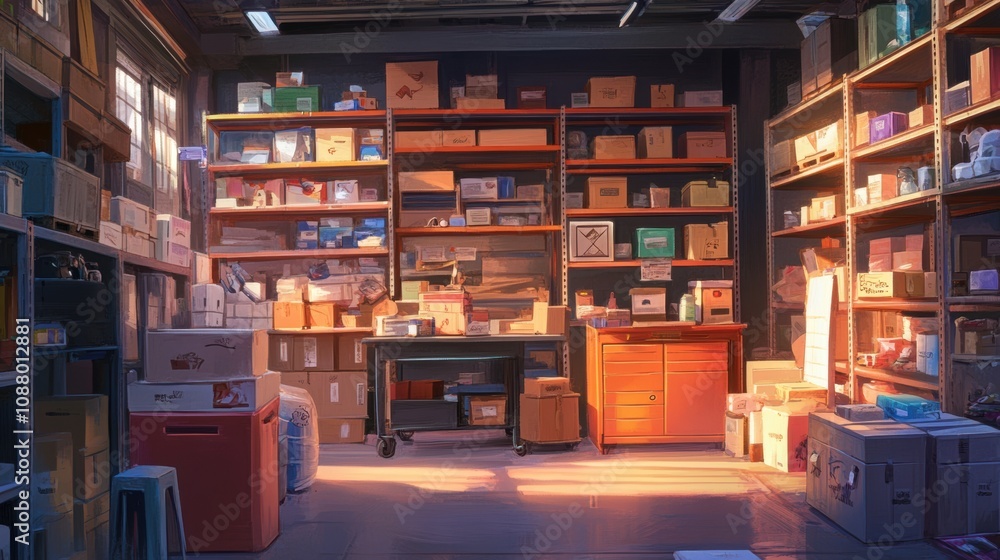 Cartoon Robots Organizing Packages in Vibrant Storage Cartoon Robots Organizing Packages in Vibrant Storage