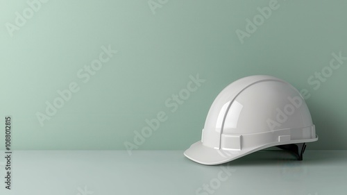 Life saving Safety Concept. A simple white hard hat rests on a light green surface, emphasizing safety and construction themes in a minimalistic setting. photo