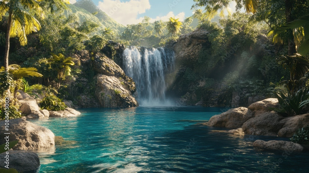 Serene Tropical Waterfall Cascading into Crystal Clear Lagoon Surrounded by Lush Greenery and Tropical Plants Under a Bright Blue Sky