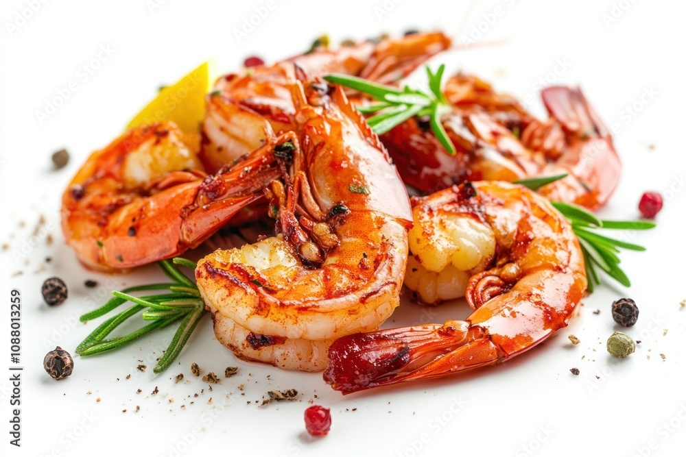 Close-up of grilled shrimp with lemon wedges, rosemary, and black peppercorns on a white background. Close-up of grilled shrimp with lemon wedges, rosemary, and black peppercorns on a white background.