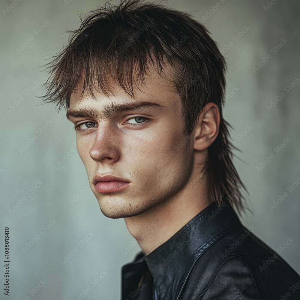 Portrait of a thin young man with a haircut that has a long front and short fringe in the back, in a fashion-forward style. Portrait of a thin young man with a haircut that has a long front and short fringe in the back, in a fashion-forward style.