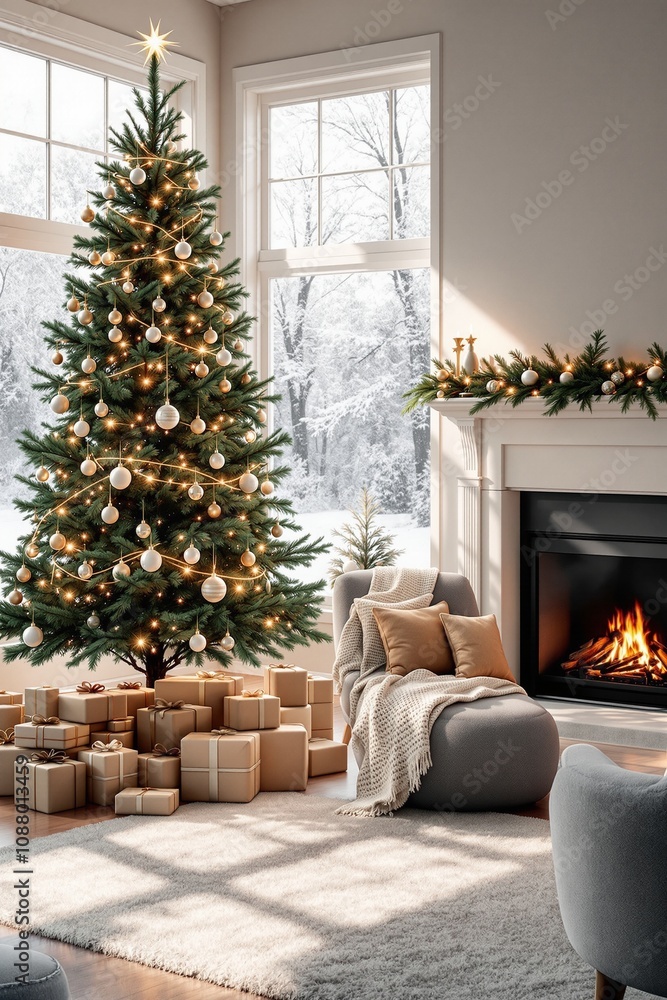 Fototapeta premium Cozy Winter Living Room with Christmas Tree and Fireplace