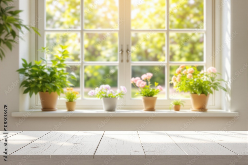 Bright and Airy Window Sill with Potted Flowers and Natural Light Bright and Airy Window Sill with Potted Flowers and Natural Light