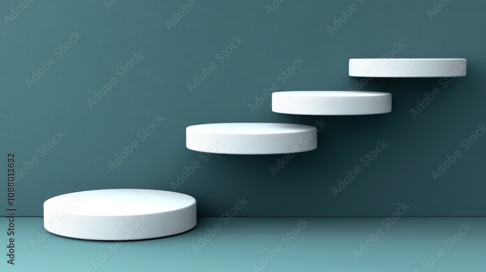 White cylindrical platforms ascending a teal wall. White cylindrical platforms ascending a teal wall.