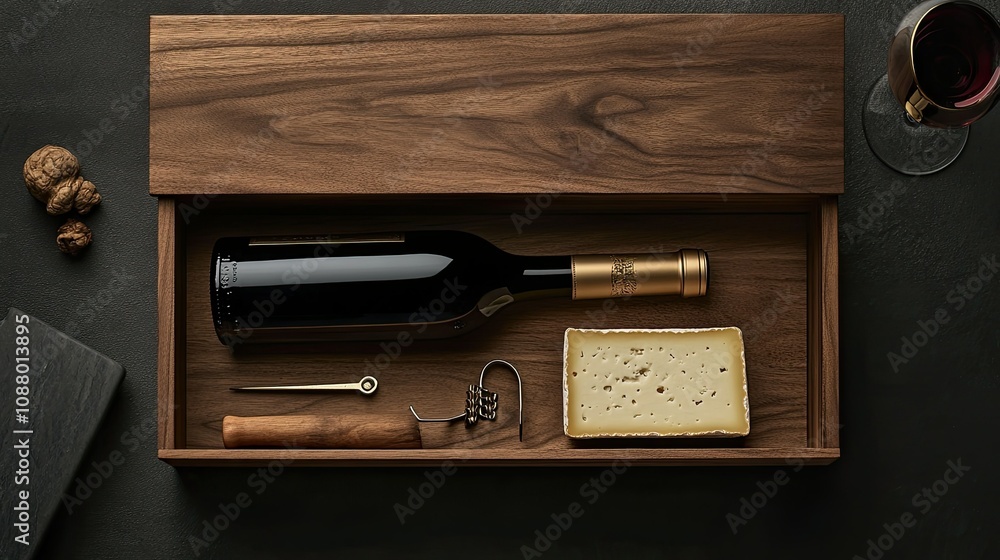 Elegant Wooden Tray with Wine Bottle, Cheese Block, and Accessories Showcasing Gourmet Pairing for Culinary and Lifestyle Photography Needs Elegant Wooden Tray with Wine Bottle, Cheese Block, and Accessories Showcasing Gourmet Pairing for Culinary and Lifestyle Photography Needs