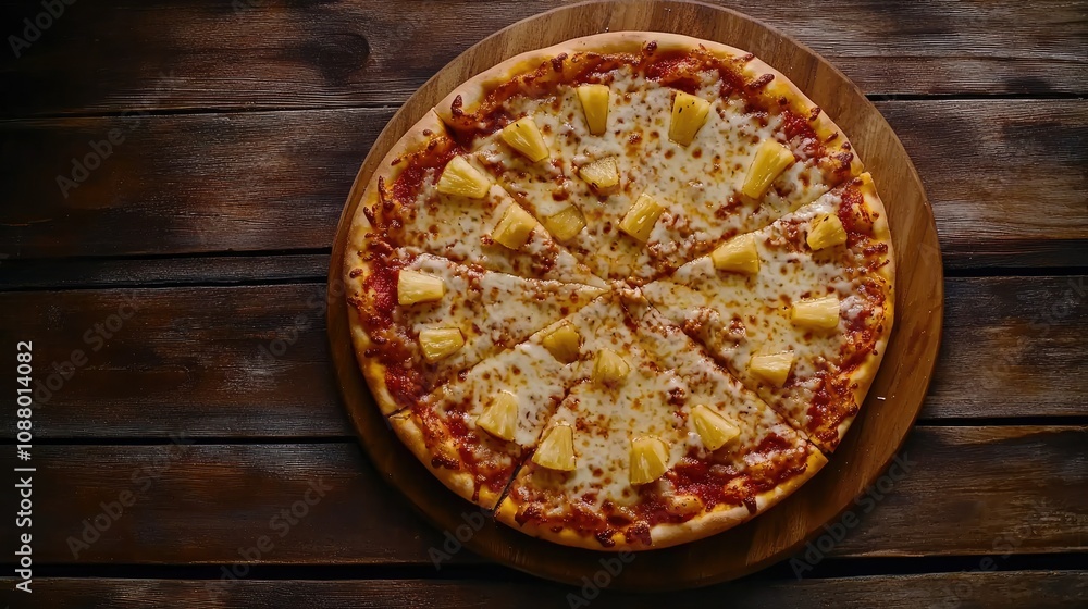 Delicious and Fresh Pineapple Pizza Served on a Wooden Board Perfect for Family Gatherings, Parties, or Casual Dining Moments with Friends and Family Delicious and Fresh Pineapple Pizza Served on a Wooden Board Perfect for Family Gatherings, Parties, or Casual Dining Moments with Friends and Family