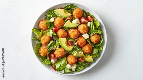 Fresh and Vibrant Salad with Crispy Coated Avocado Bites, Juicy Cherry Tomatoes, Mixed Greens and Creamy Feta Cheese for a Healthy Meal Option