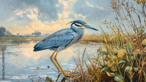 White-faced Heron by the tranquil lake at sunset photo