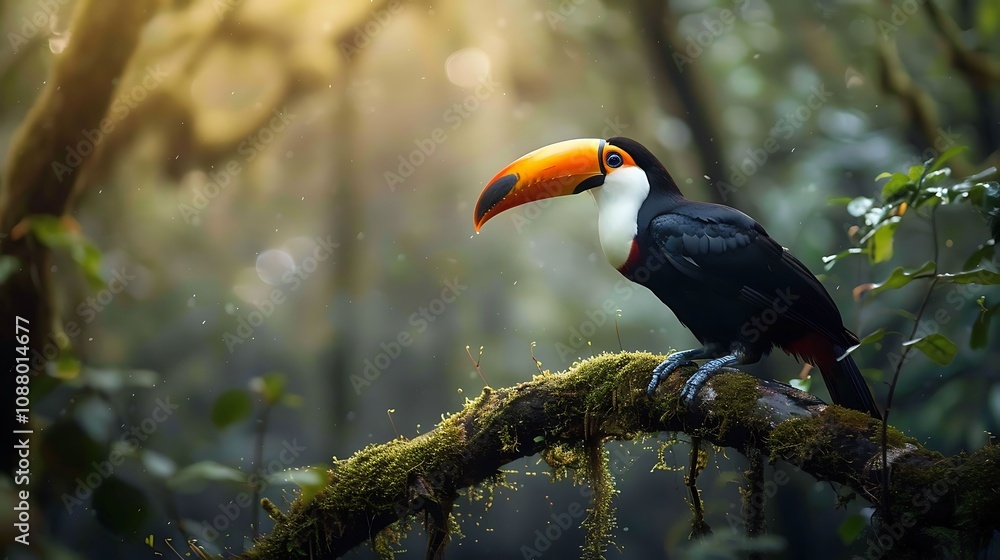 Fototapeta premium A vibrant toucan perched on a mossy branch in a lush, sunlit forest, showcasing the beauty of wildlife.