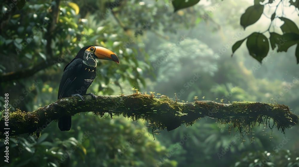 Fototapeta premium A vibrant toucan perched on a mossy branch in a lush, misty rainforest.