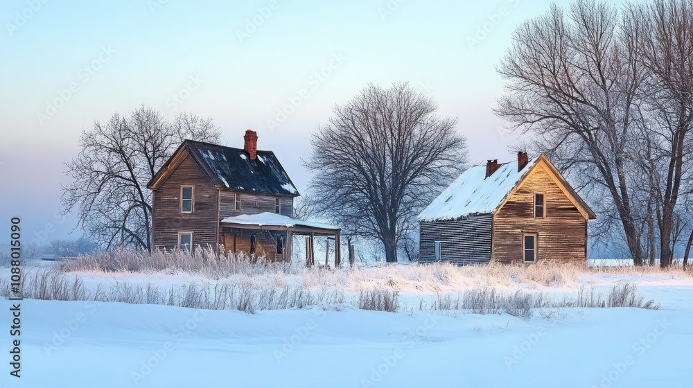 Two abandoned wooden houses in a snow-covered field at sunrise. Two abandoned wooden houses in a snow-covered field at sunrise.