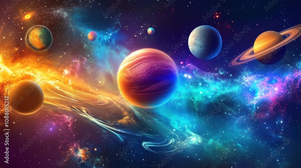 Stunning Cosmic Scene Featuring Planets and Colors with Nebula in Space, Vibrant Celestial Bodies and a Beautiful Galactic Background Stunning Cosmic Scene Featuring Planets and Colors with Nebula in Space, Vibrant Celestial Bodies and a Beautiful Galactic Background