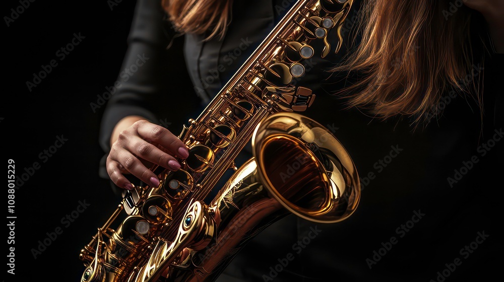 Obraz premium A woman's hand playing a golden saxophone against a black background.