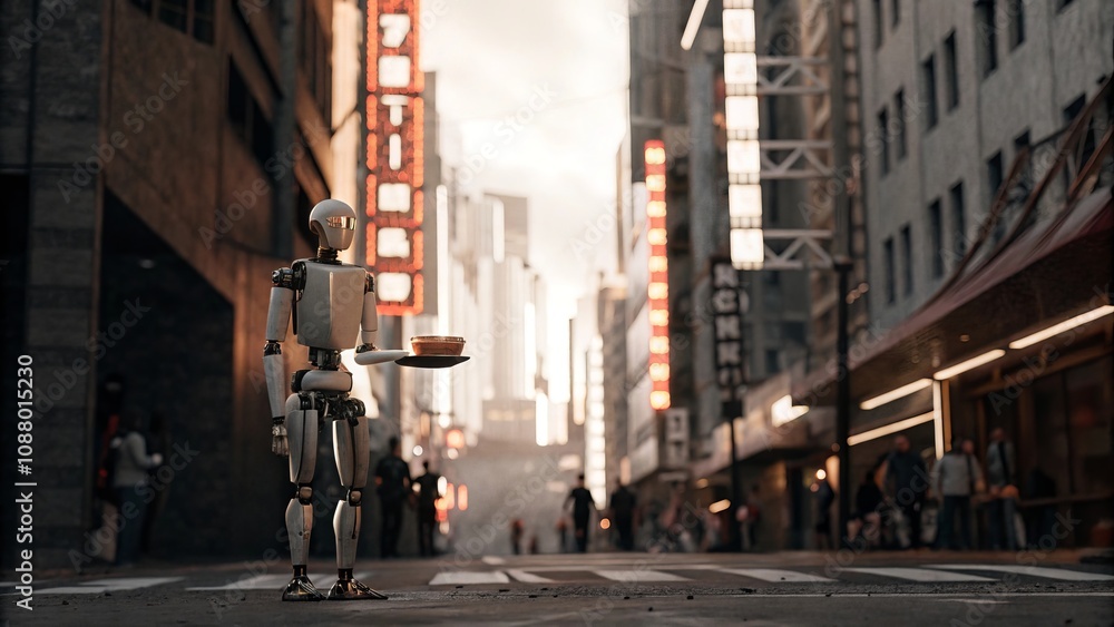 Futuristic robot waiter in urban street scene Futuristic robot waiter in urban street scene