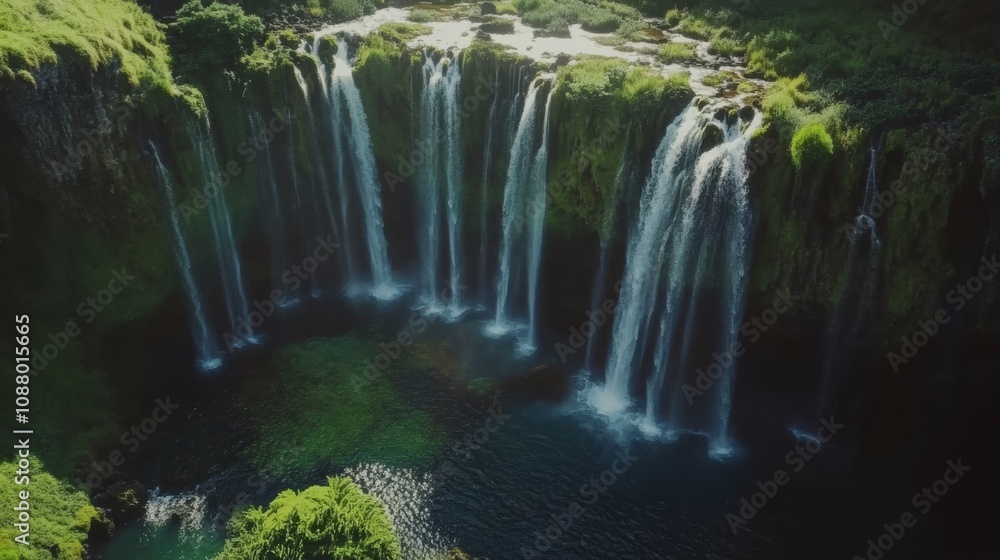 Naklejka premium Majestic Waterfall Flowing into Serene Pool Surrounded by Lush Greenery and Rocky Outcrops in a Breathtaking Natural Landscape