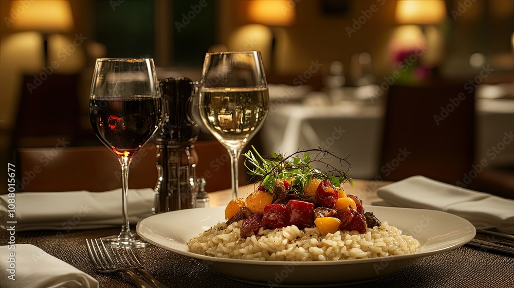 Elegant Dinner Setting with Gourmet Risotto, Red and White Wine Glasses in a Cozy Restaurant Atmosphere, Ideal for Fine Dining and Culinary Experiences Elegant Dinner Setting with Gourmet Risotto, Red and White Wine Glasses in a Cozy Restaurant Atmosphere, Ideal for Fine Dining and Culinary Experiences