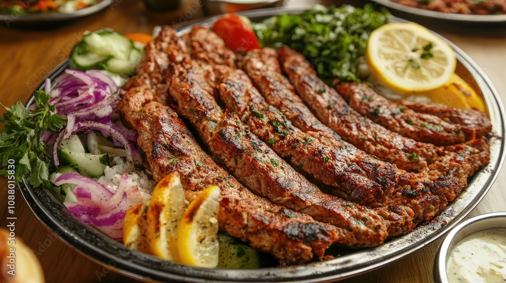 Delicious Grilled Meat Platter with Fresh Herbs, Vegetables, and Citrus Garnish on a Rustic Wooden Table, Perfect for Food Enthusiasts and Culinary Photography Delicious Grilled Meat Platter with Fresh Herbs, Vegetables, and Citrus Garnish on a Rustic Wooden Table, Perfect for Food Enthusiasts and Culinary Photography