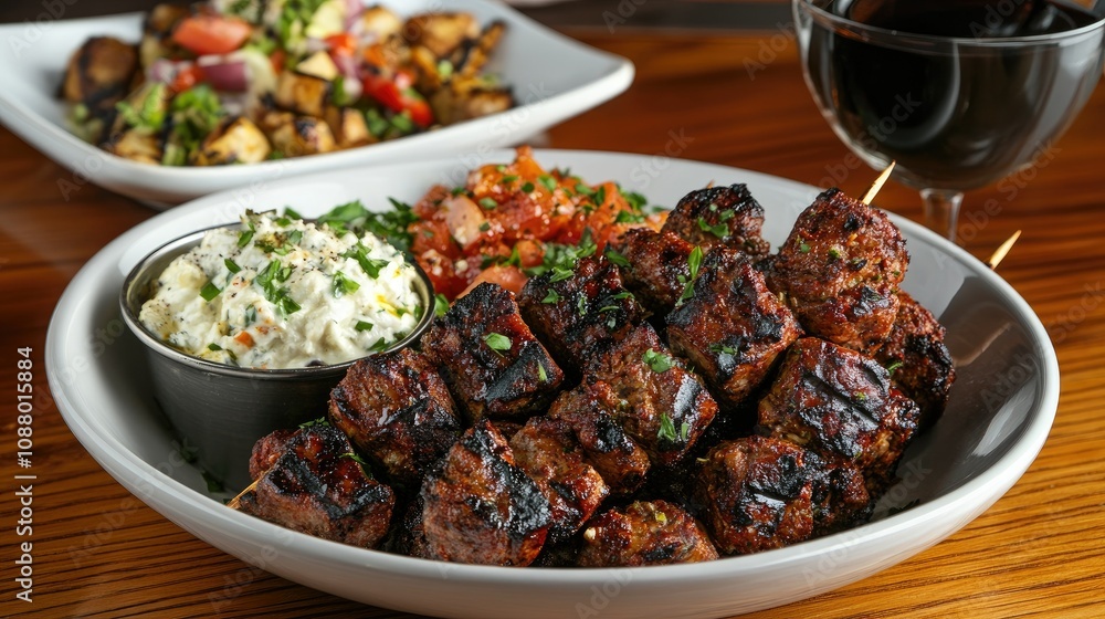 Deliciously Grilled Beef Skewers Served with Creamy Dip, Fresh Salad, and Side of Roasted Vegetables Accompanied by a Glass of Red Wine Deliciously Grilled Beef Skewers Served with Creamy Dip, Fresh Salad, and Side of Roasted Vegetables Accompanied by a Glass of Red Wine