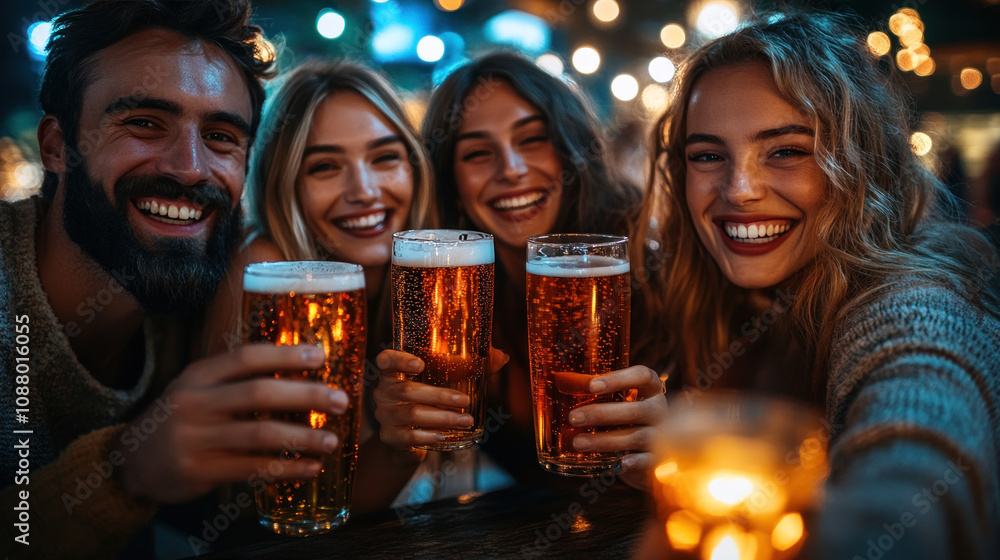 Group of friends celebrating with drinks, enjoying joyful moment together. Laughter and happiness fill atmosphere as they toast with their glasses Group of friends celebrating with drinks, enjoying joyful moment together. Laughter and happiness fill atmosphere as they toast with their glasses