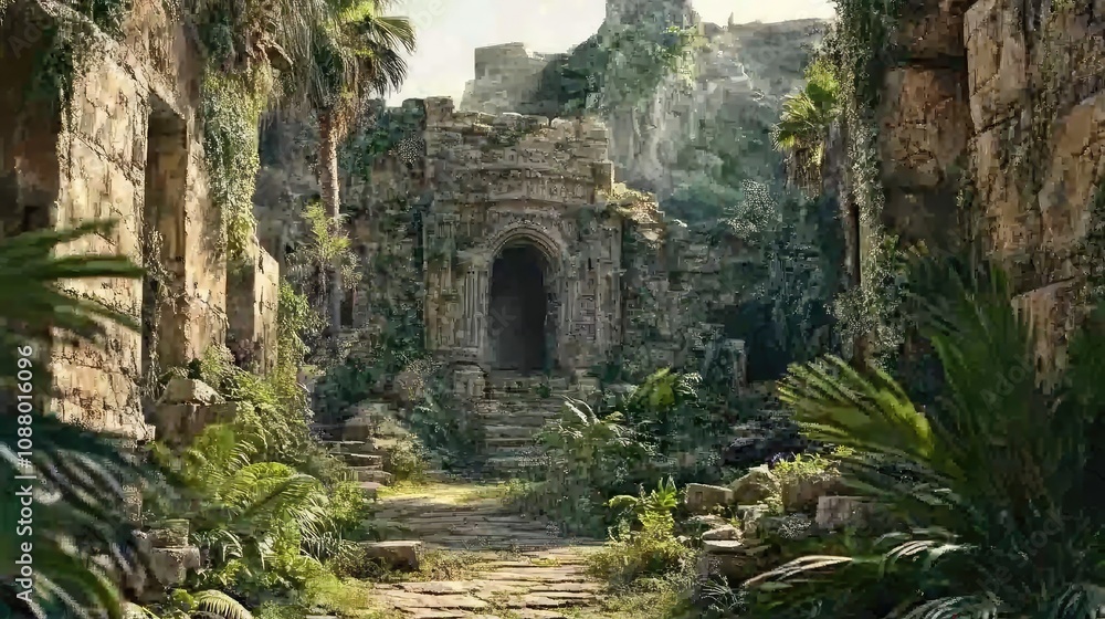 Enigmatic Overgrown Ruins Surrounded by Lush Greenery Inviting Exploration and Adventure in an Uncharted Landscape Enigmatic Overgrown Ruins Surrounded by Lush Greenery Inviting Exploration and Adventure in an Uncharted Landscape