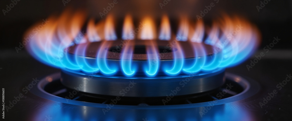 Gas stove burner with blue flames glowing in dark background Gas stove burner with blue flames glowing in dark background