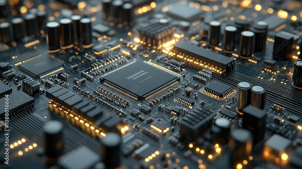 Close-Up View of a High-Tech Microprocessor Circuit Board with Glowing Components and Complex Electronic Connections for Advanced Technology Background Close-Up View of a High-Tech Microprocessor Circuit Board with Glowing Components and Complex Electronic Connections for Advanced Technology Background