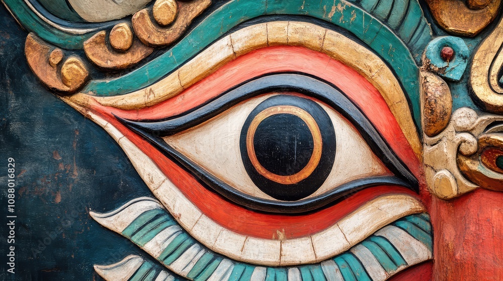 Intricate Close-Up of a Colorful Wall Art Depicting an Eye Symbolizing Knowledge and Perception in Traditional Cultural Context Intricate Close-Up of a Colorful Wall Art Depicting an Eye Symbolizing Knowledge and Perception in Traditional Cultural Context