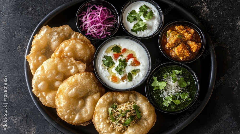 A Delicious Indian Feast Featuring Crispy Puffed Bread, Spicy Condiments, Fresh Herbs, and Cooling Yogurt Accompanied by Colorful Side Dishes on a Black Plate A Delicious Indian Feast Featuring Crispy Puffed Bread, Spicy Condiments, Fresh Herbs, and Cooling Yogurt Accompanied by Colorful Side Dishes on a Black Plate
