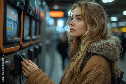 A young woman standing at an automated parking machine, inserting her card to pay for parking