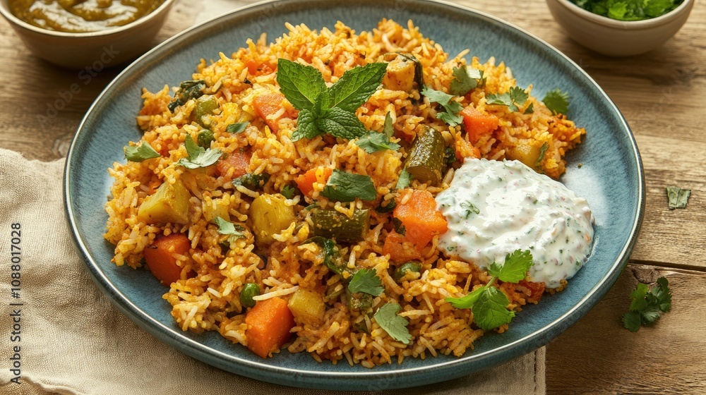 Colorful Rice Dish with Vegetables and Yogurt Sauce on a Rustic Wooden Table Surrounded by Fresh Herbs and Chutney in an Inviting Culinary Setting Colorful Rice Dish with Vegetables and Yogurt Sauce on a Rustic Wooden Table Surrounded by Fresh Herbs and Chutney in an Inviting Culinary Setting