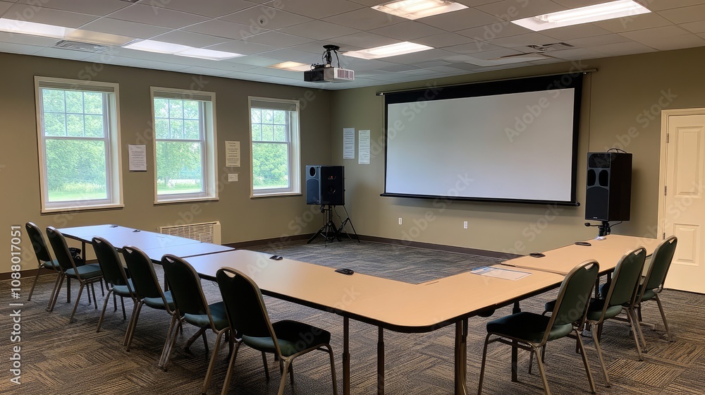 Spacious Conference Room Setup with Projector Screen and Modern Seating Arrangements for Productive Meetings and Presentations in a Bright Environment Spacious Conference Room Setup with Projector Screen and Modern Seating Arrangements for Productive Meetings and Presentations in a Bright Environment