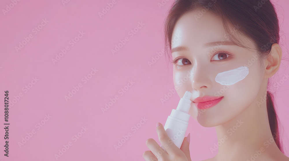 A stunning model showcases flawless skin while applying a luxurious cream from a sleek white tube, embodying beauty and elegance. A stunning model showcases flawless skin while applying a luxurious cream from a sleek white tube, embodying beauty and elegance.