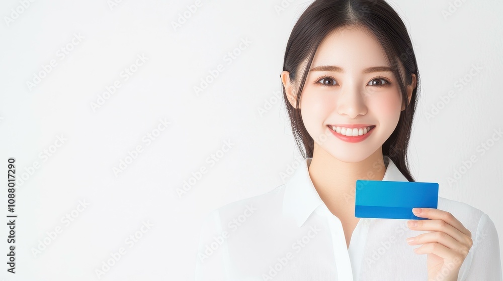 A young Japanese woman in a white shirt, smiling gently while showcasing a blue credit card against a white backdrop. A young Japanese woman in a white shirt, smiling gently while showcasing a blue credit card against a white backdrop.
