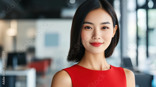 A young woman in a red dress exudes confidence, set against an office backdrop with a softfocus effect. Free Download A young woman in a red dress exudes confidence, set against an office backdrop with a softfocus effect. - GFXLoad
