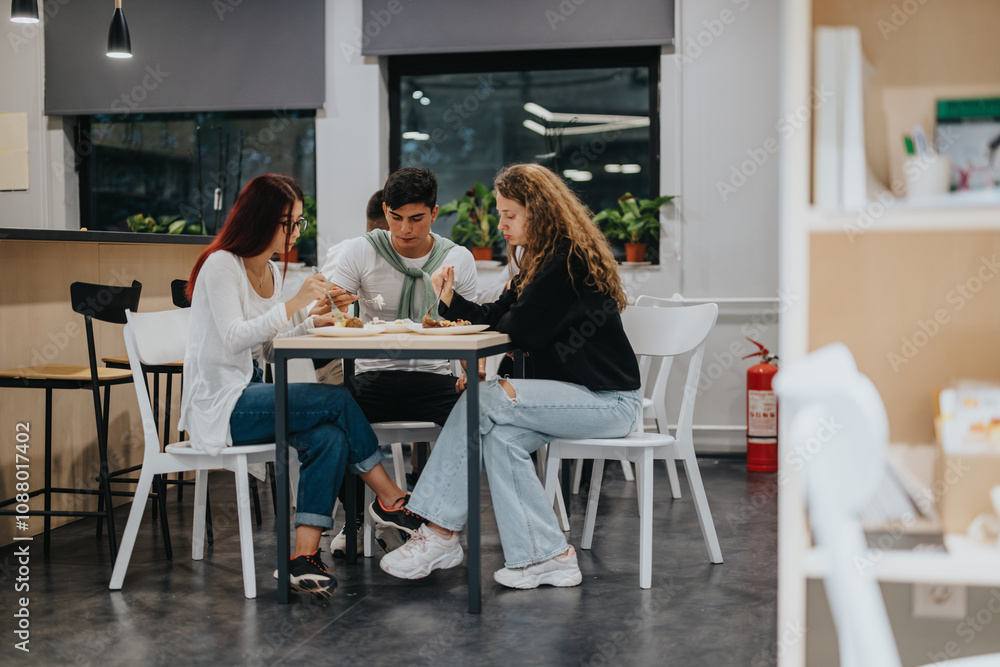 A group of students gather in a modern school cafeteria, sharing a meal and collaborating on assignments. The setting is bright and welcoming, with contemporary decor and comfortable seating. A group of students gather in a modern school cafeteria, sharing a meal and collaborating on assignments. The setting is bright and welcoming, with contemporary decor and comfortable seating.
